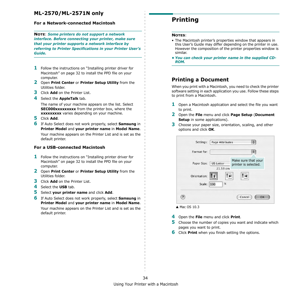 Ml-2570/ml-2571n only, Printing, Printing a document | Samsung ML-2510 Series User Manual | Page 80 / 85