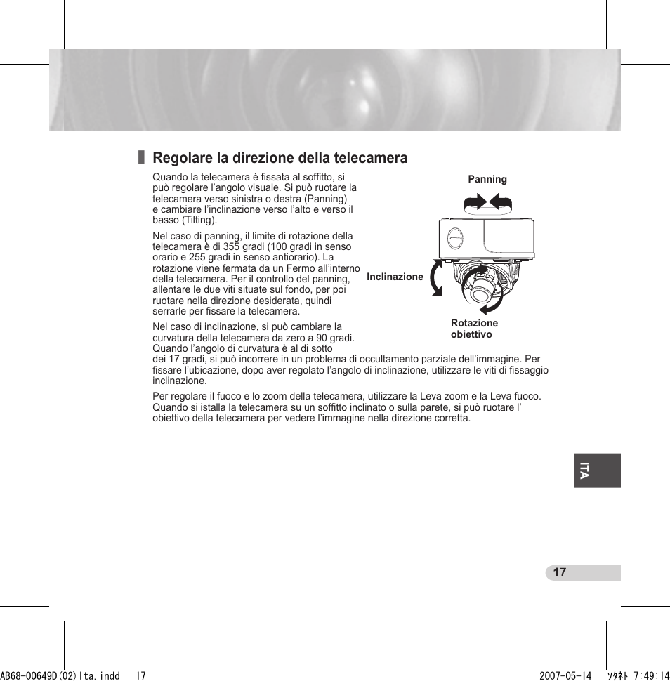 Regolare la direzione della telecamera | Samsung SCC-B539X User Manual | Page 105 / 131