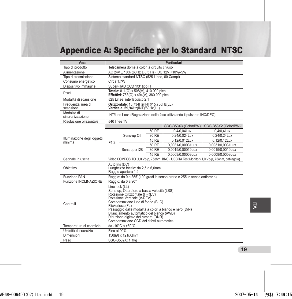 Appendice a: speciﬁche per lo standard ntsc, It a | Samsung SCC-B539X User Manual | Page 107 / 131