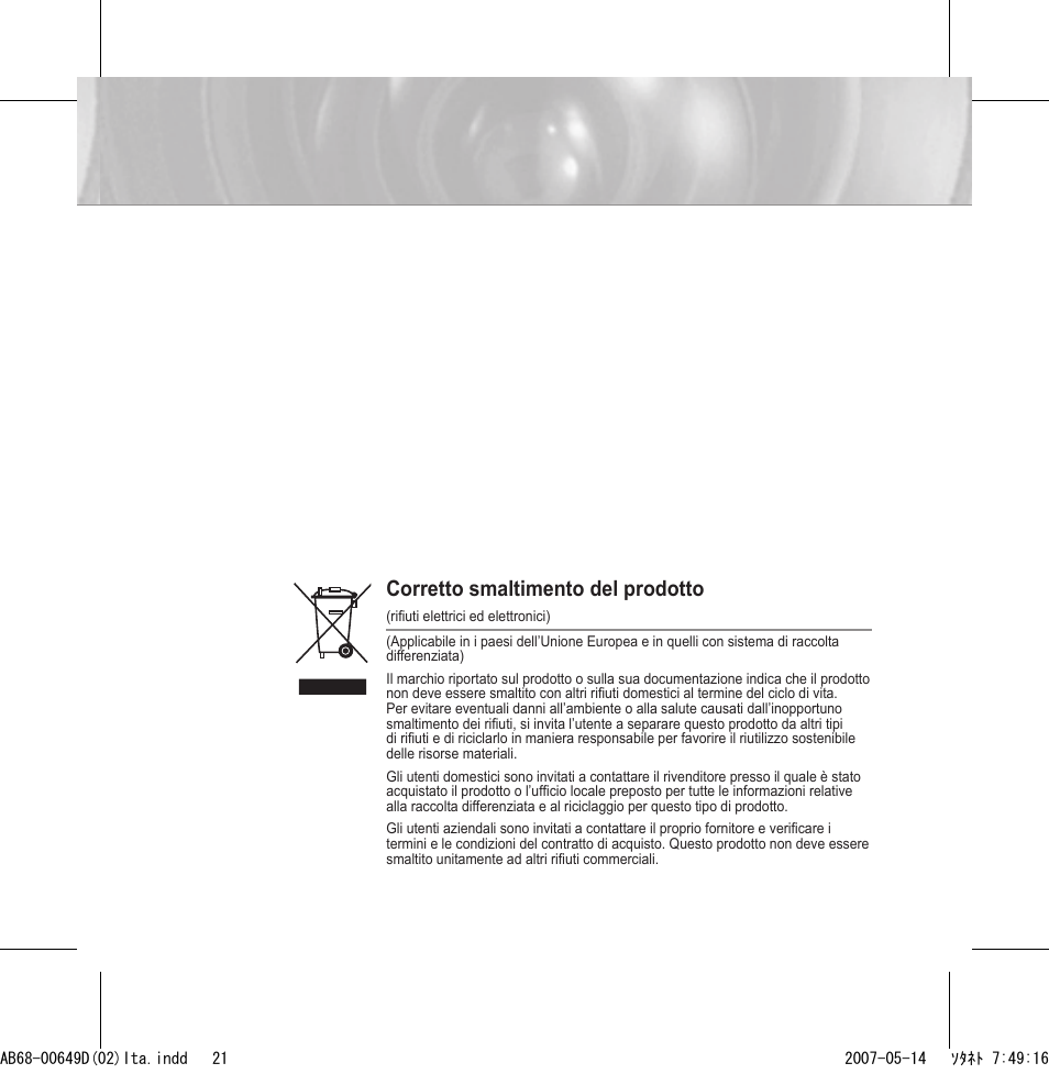 Corretto smaltimento del prodotto | Samsung SCC-B539X User Manual | Page 109 / 131
