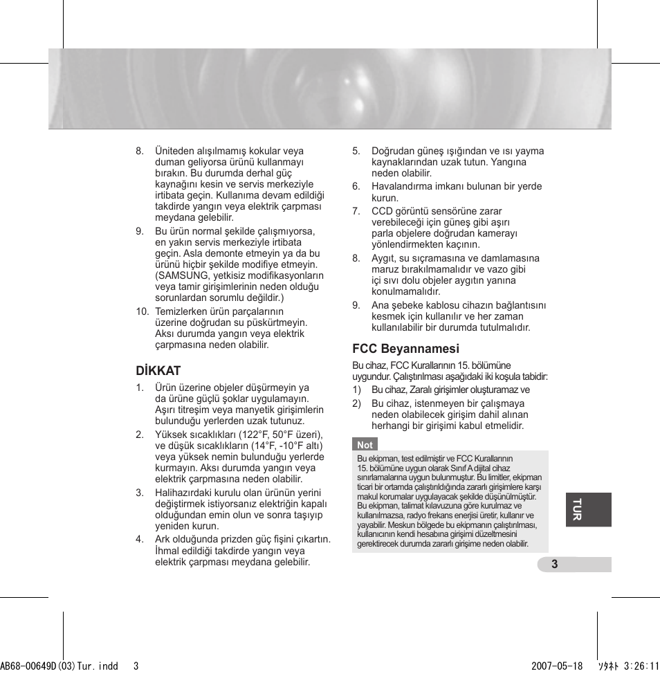 Dikkat, Fcc beyannamesi | Samsung SCC-B539X User Manual | Page 113 / 131