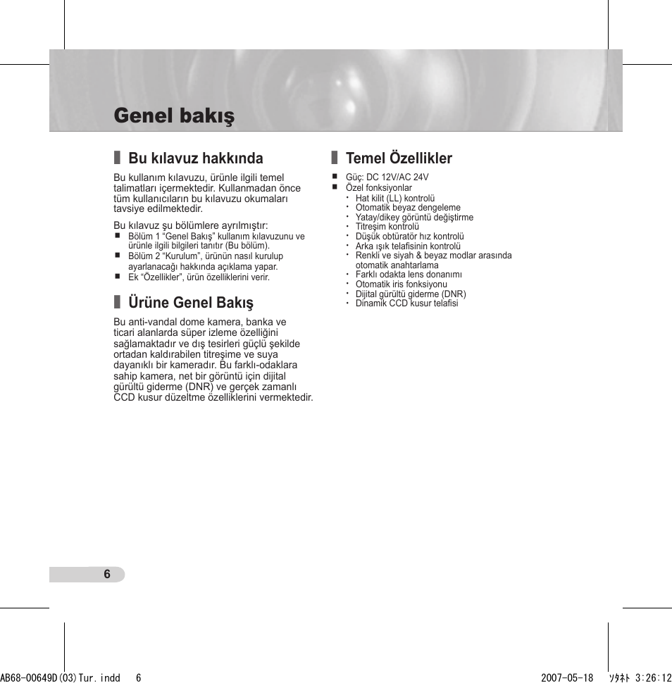 Genel bakış, Bu kılavuz hakkında, Ürüne genel bakış | Temel özellikler | Samsung SCC-B539X User Manual | Page 116 / 131