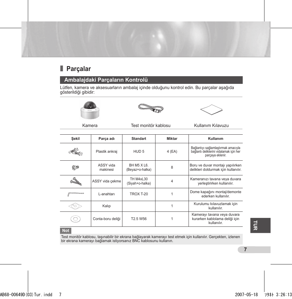 Parçalar, Ambalajdaki parçaların kontrolü | Samsung SCC-B539X User Manual | Page 117 / 131