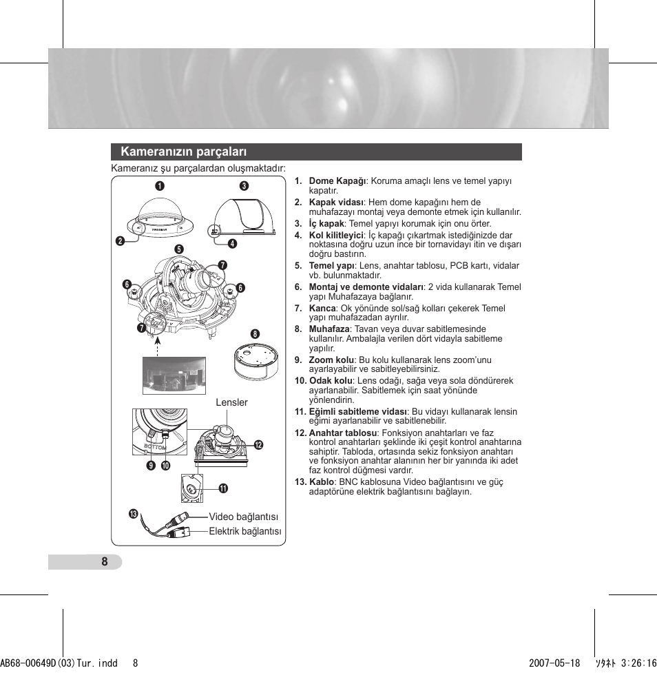 Kameranızın parçaları | Samsung SCC-B539X User Manual | Page 118 / 131