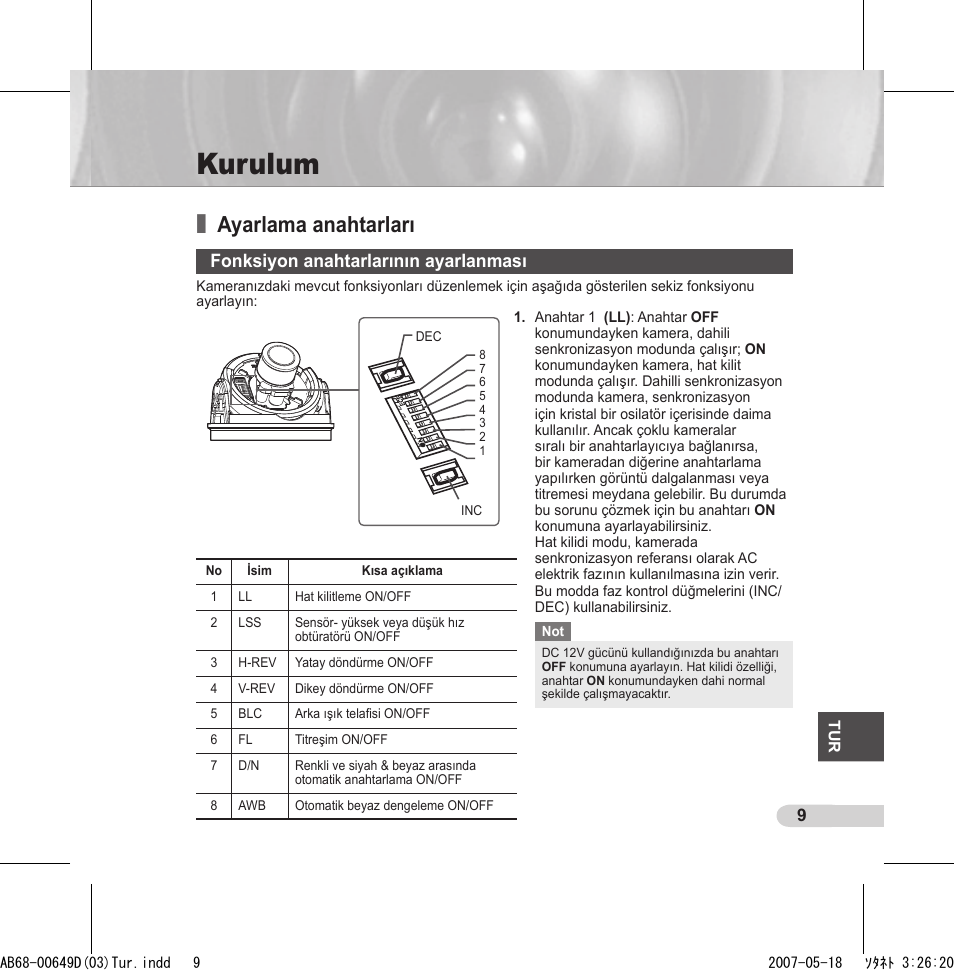 Kurulum, Ayarlama anahtarları, Fonksiyon anahtarlarının ayarlanması | Samsung SCC-B539X User Manual | Page 119 / 131