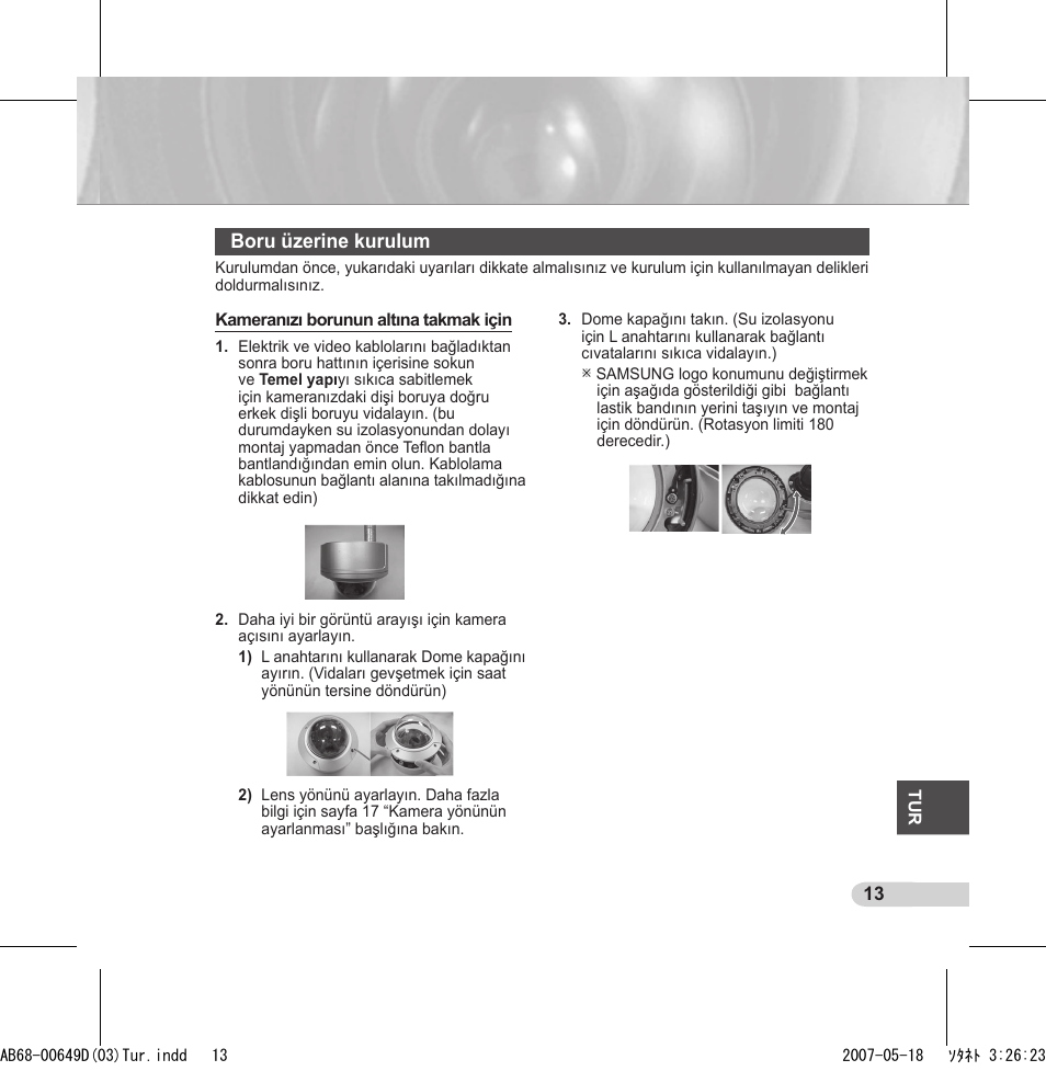 Boru üzerine kurulum | Samsung SCC-B539X User Manual | Page 123 / 131