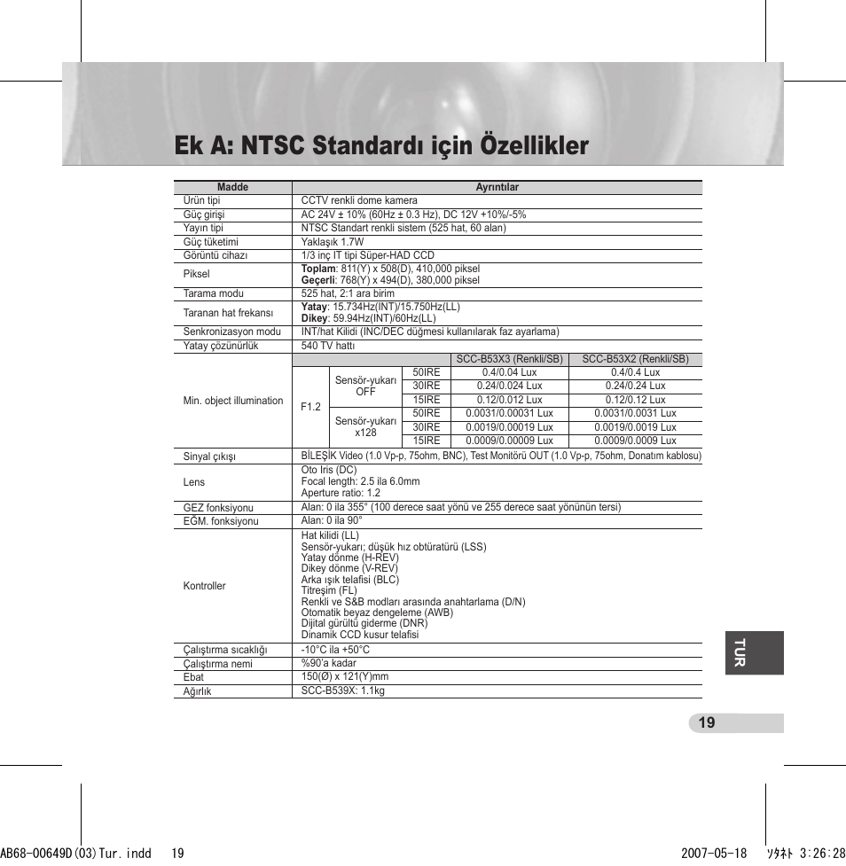 Ek a: ntsc standardı için özellikler | Samsung SCC-B539X User Manual | Page 129 / 131