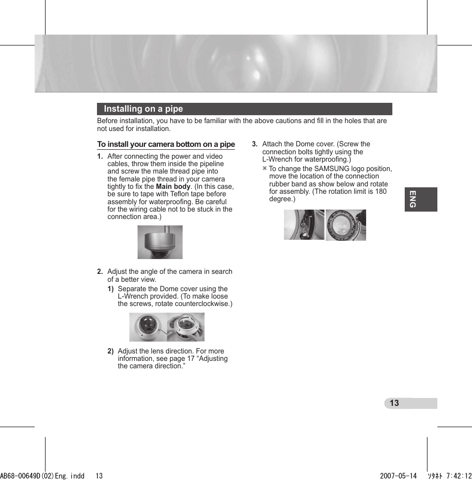 Installing on a pipe | Samsung SCC-B539X User Manual | Page 13 / 131