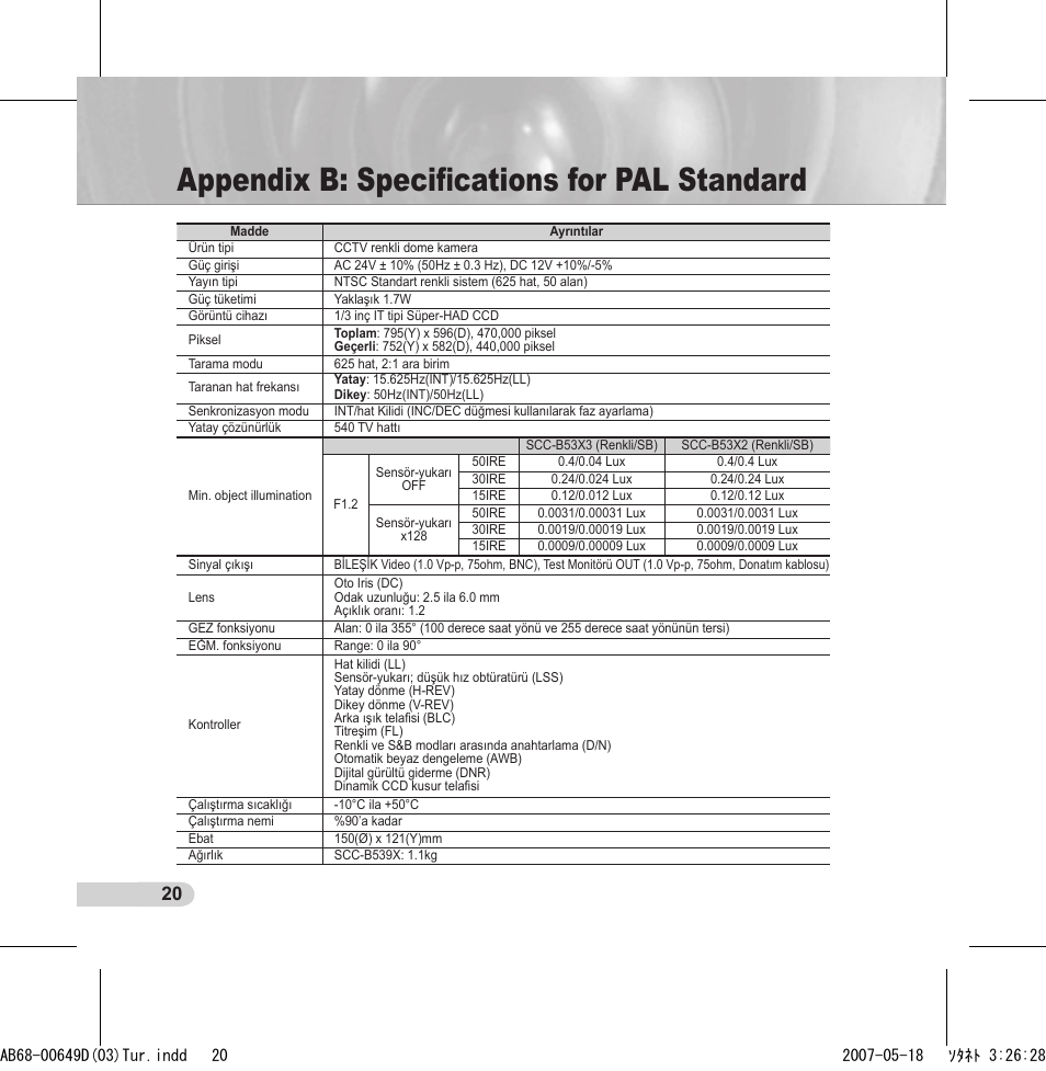 Appendix b: speciﬁcations for pal standard | Samsung SCC-B539X User Manual | Page 130 / 131