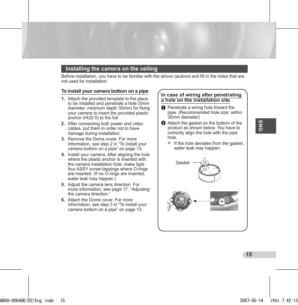 Installing the camera on the ceiling | Samsung SCC-B539X User Manual | Page 15 / 131