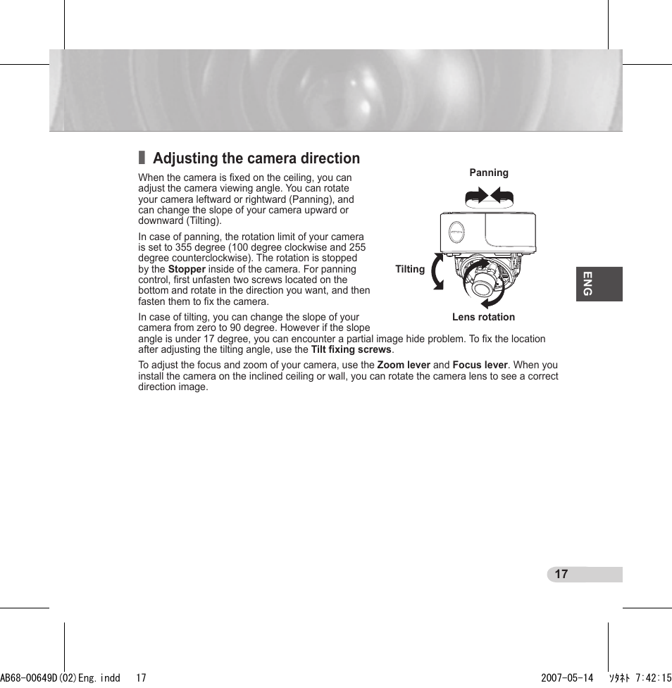 Adjusting the camera direction | Samsung SCC-B539X User Manual | Page 17 / 131