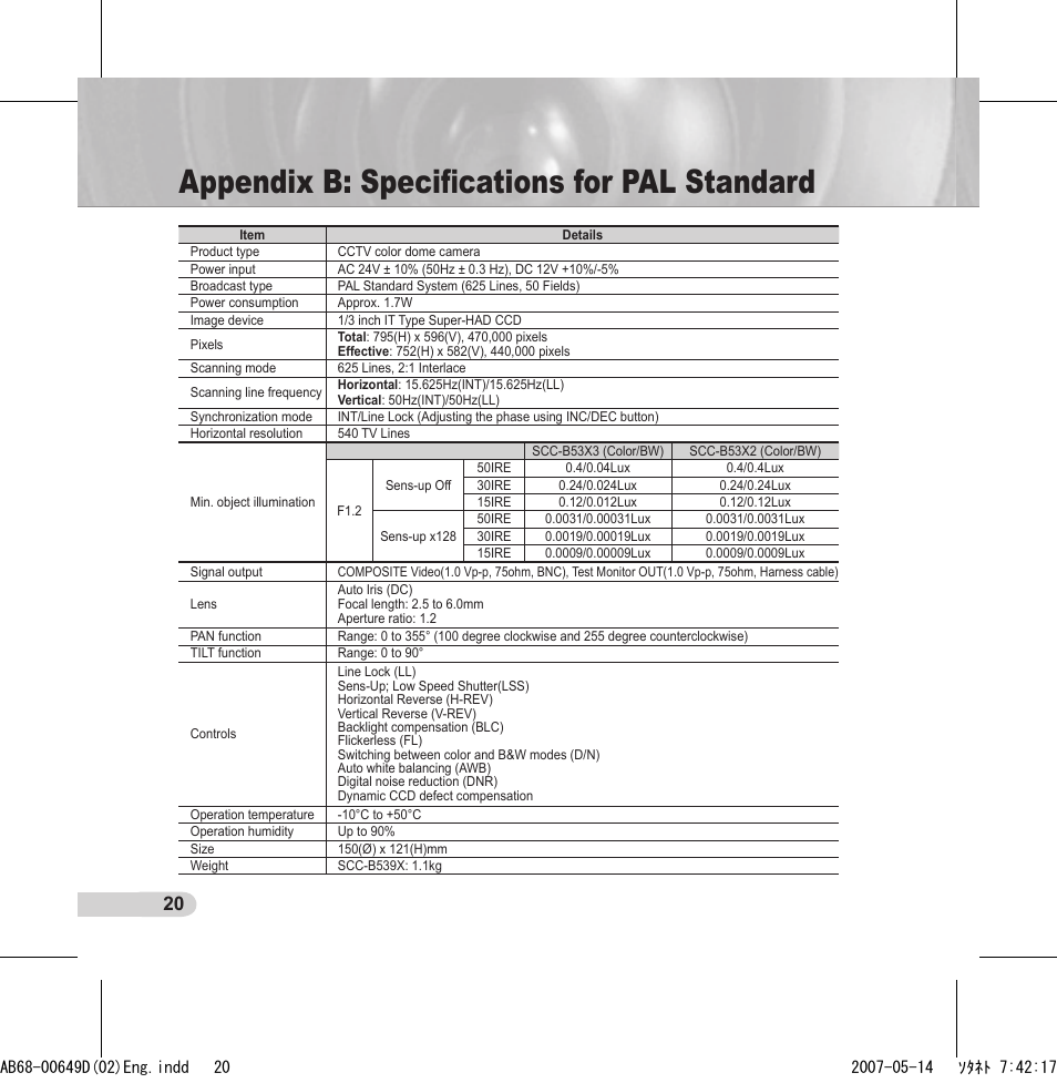 Appendix b: speciﬁcations for pal standard | Samsung SCC-B539X User Manual | Page 20 / 131