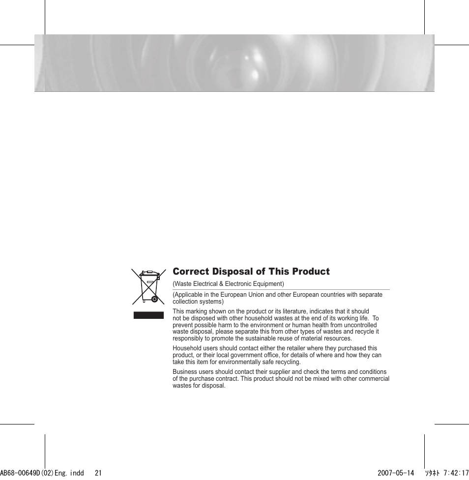 Correct disposal of this product | Samsung SCC-B539X User Manual | Page 21 / 131