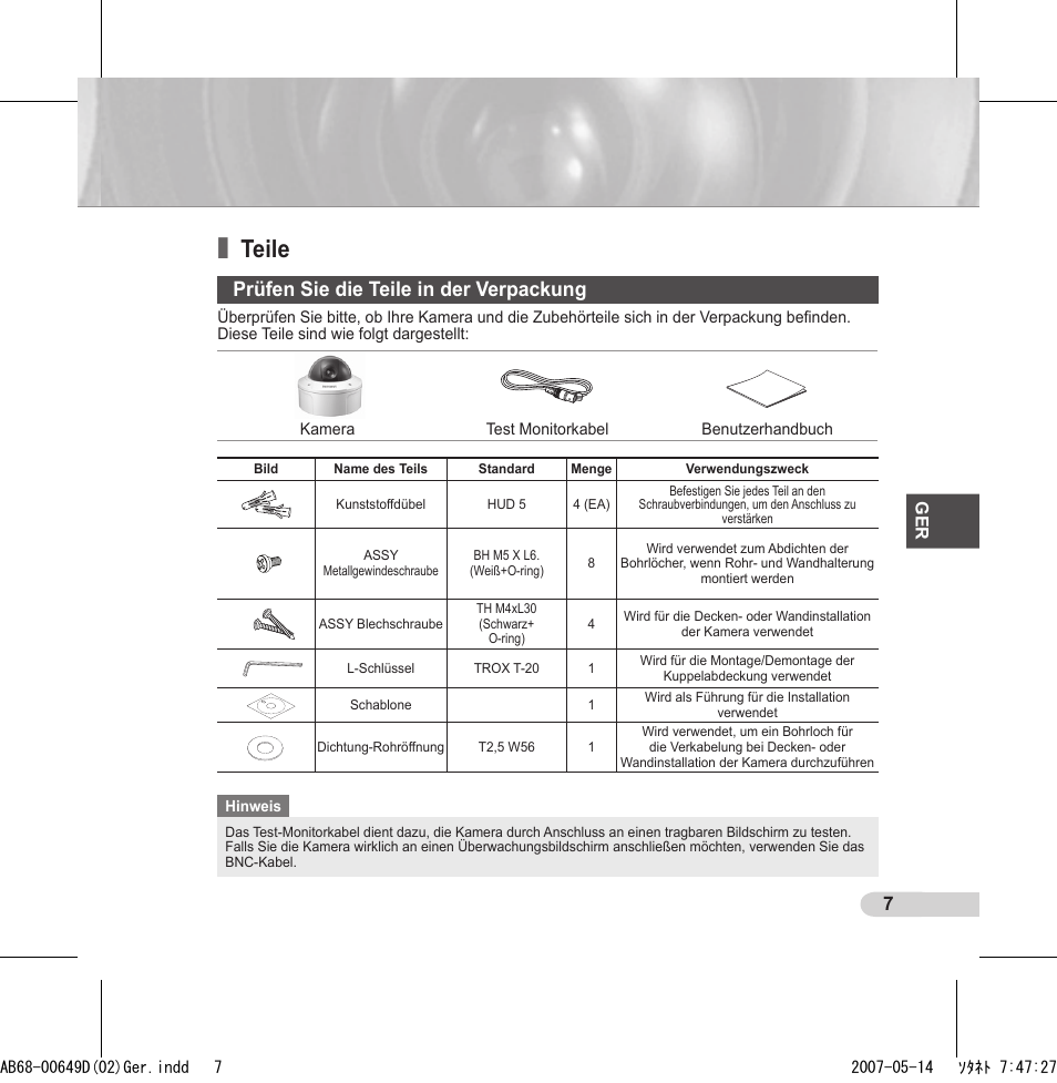 Teile, Prüfen sie die teile in der verpackung | Samsung SCC-B539X User Manual | Page 29 / 131