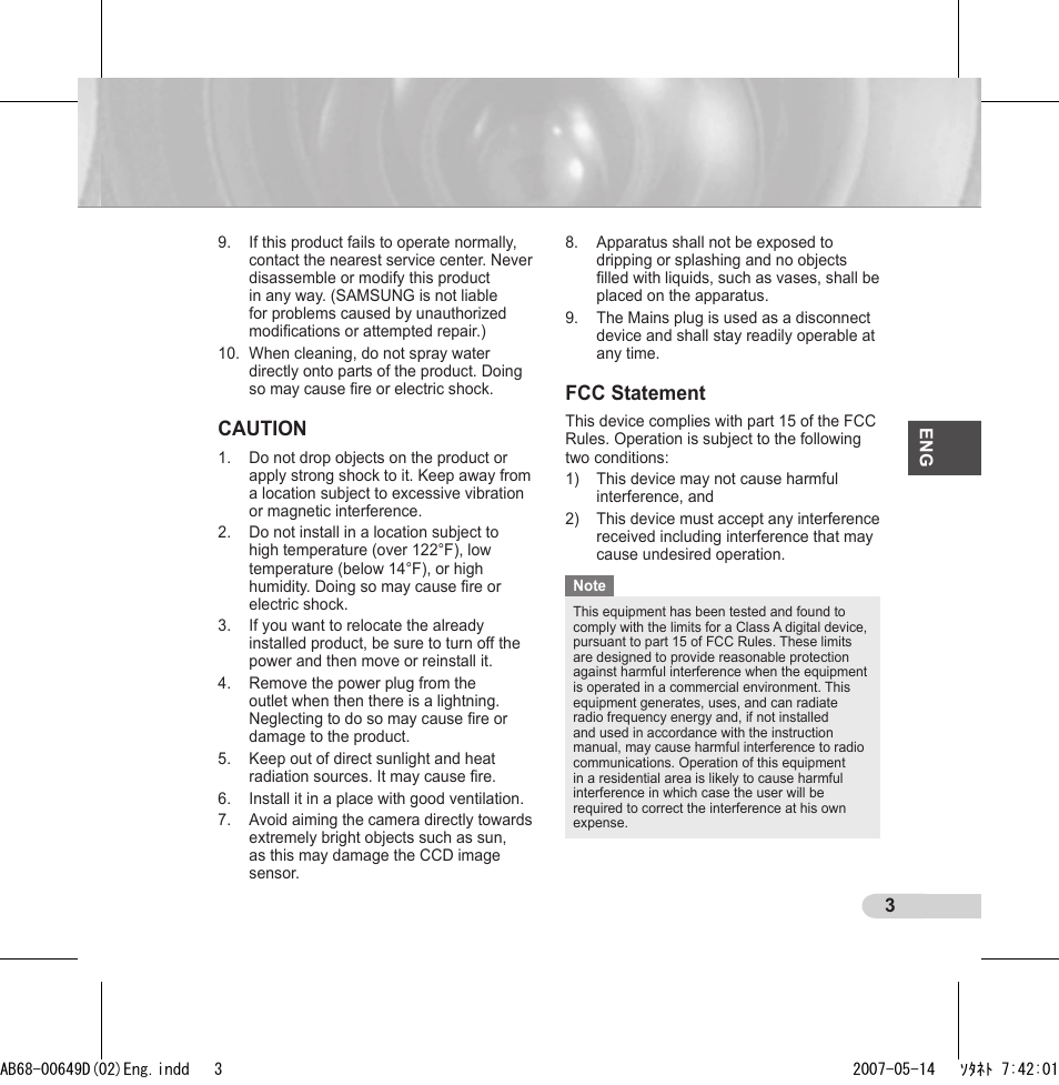 Caution, Fcc statement | Samsung SCC-B539X User Manual | Page 3 / 131