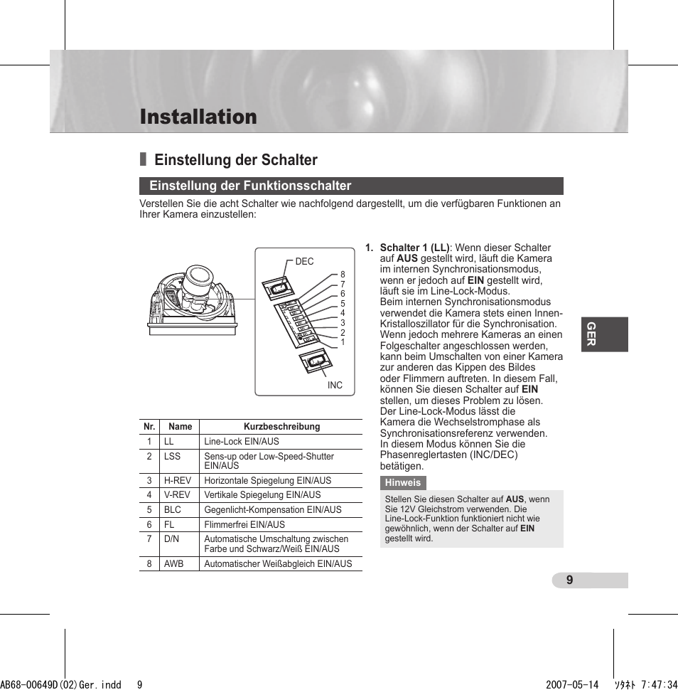 Installation, Einstellung der schalter, Einstellung der funktionsschalter | Samsung SCC-B539X User Manual | Page 31 / 131