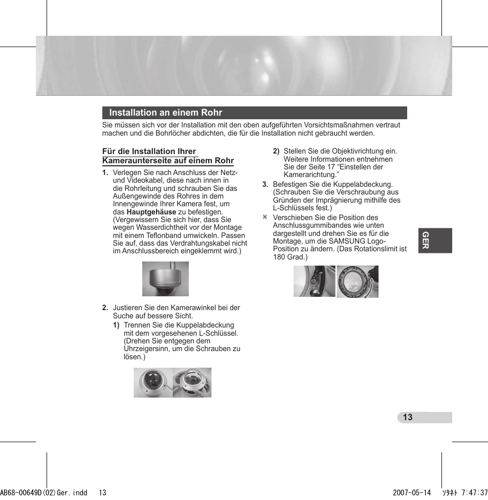 Installation an einem rohr | Samsung SCC-B539X User Manual | Page 35 / 131