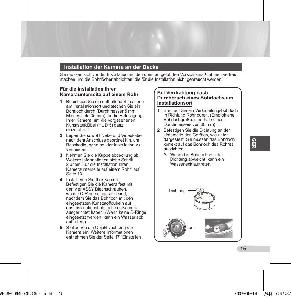 Installation der kamera an der decke | Samsung SCC-B539X User Manual | Page 37 / 131