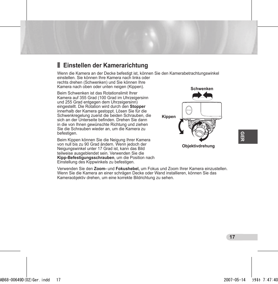Einstellen der kamerarichtung | Samsung SCC-B539X User Manual | Page 39 / 131