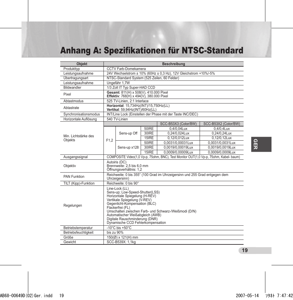 Anhang a: speziﬁkationen für ntsc-standard | Samsung SCC-B539X User Manual | Page 41 / 131