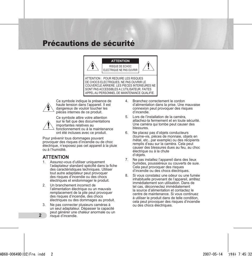 Précautions de sécurité, Attention | Samsung SCC-B539X User Manual | Page 46 / 131