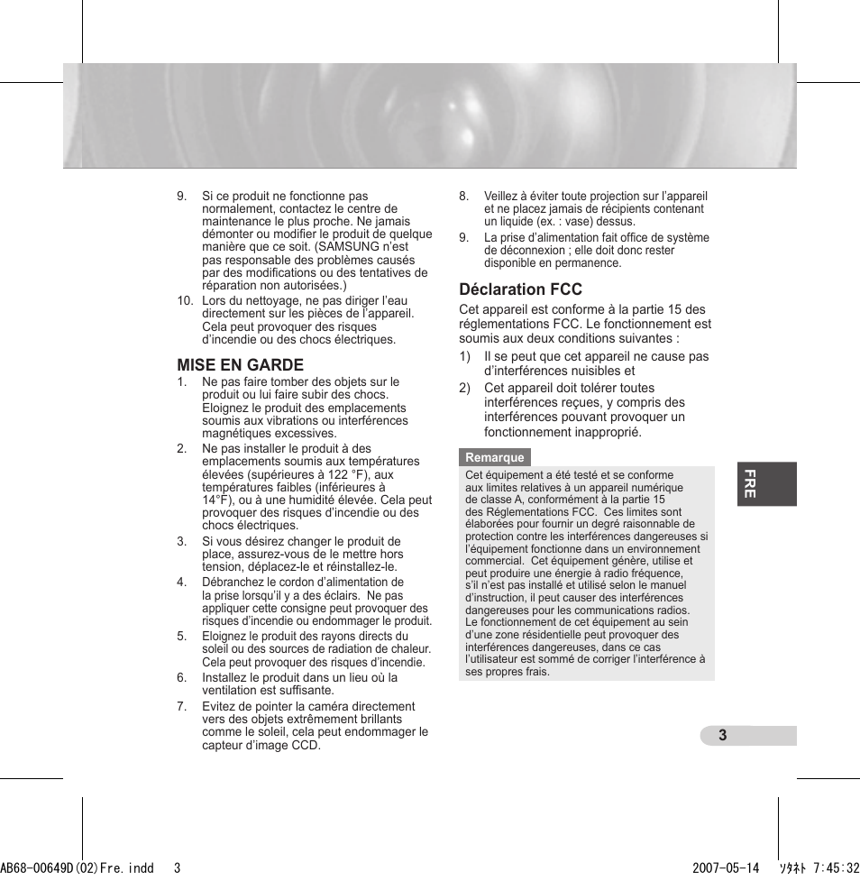 Mise en garde, Déclaration fcc | Samsung SCC-B539X User Manual | Page 47 / 131