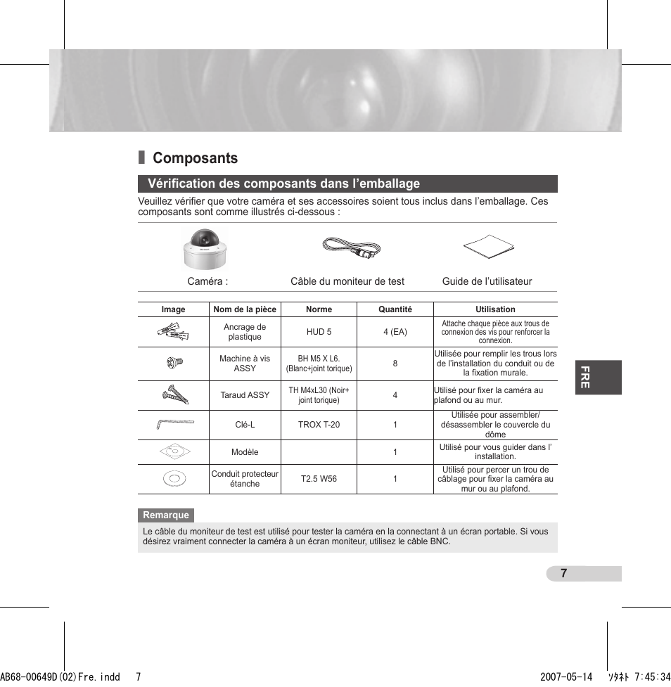 Composants, Vériﬁcation des composants dans l’emballage | Samsung SCC-B539X User Manual | Page 51 / 131