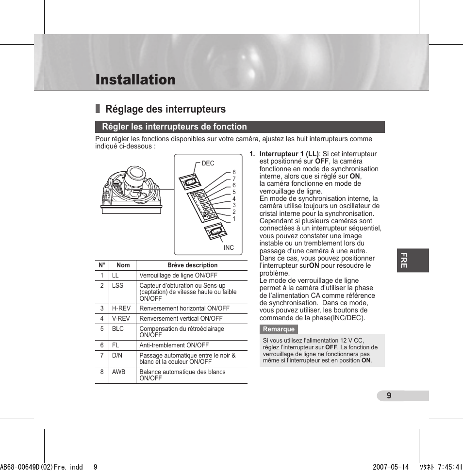 Installation, Réglage des interrupteurs, Régler les interrupteurs de fonction | Samsung SCC-B539X User Manual | Page 53 / 131