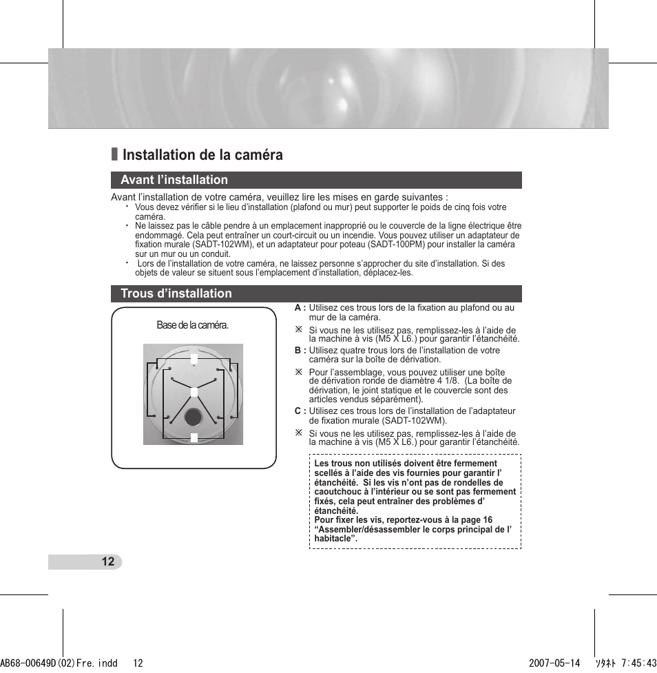 Installation de la caméra, Avant l’installation, Trous d’installation | Samsung SCC-B539X User Manual | Page 56 / 131