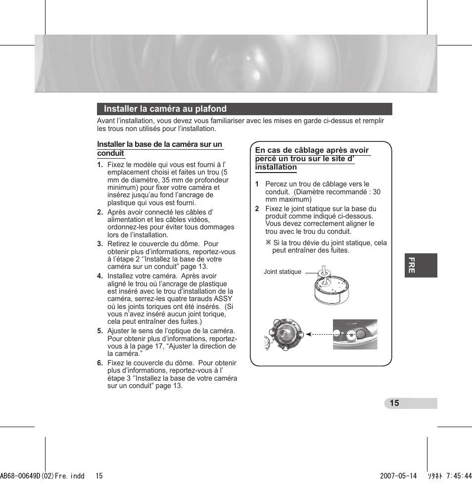 Installer la caméra au plafond | Samsung SCC-B539X User Manual | Page 59 / 131
