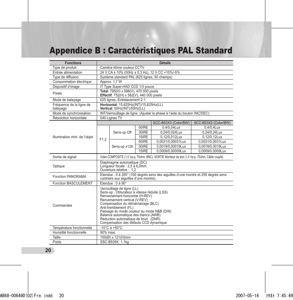 Appendice b : caractéristiques pal standard | Samsung SCC-B539X User Manual | Page 64 / 131