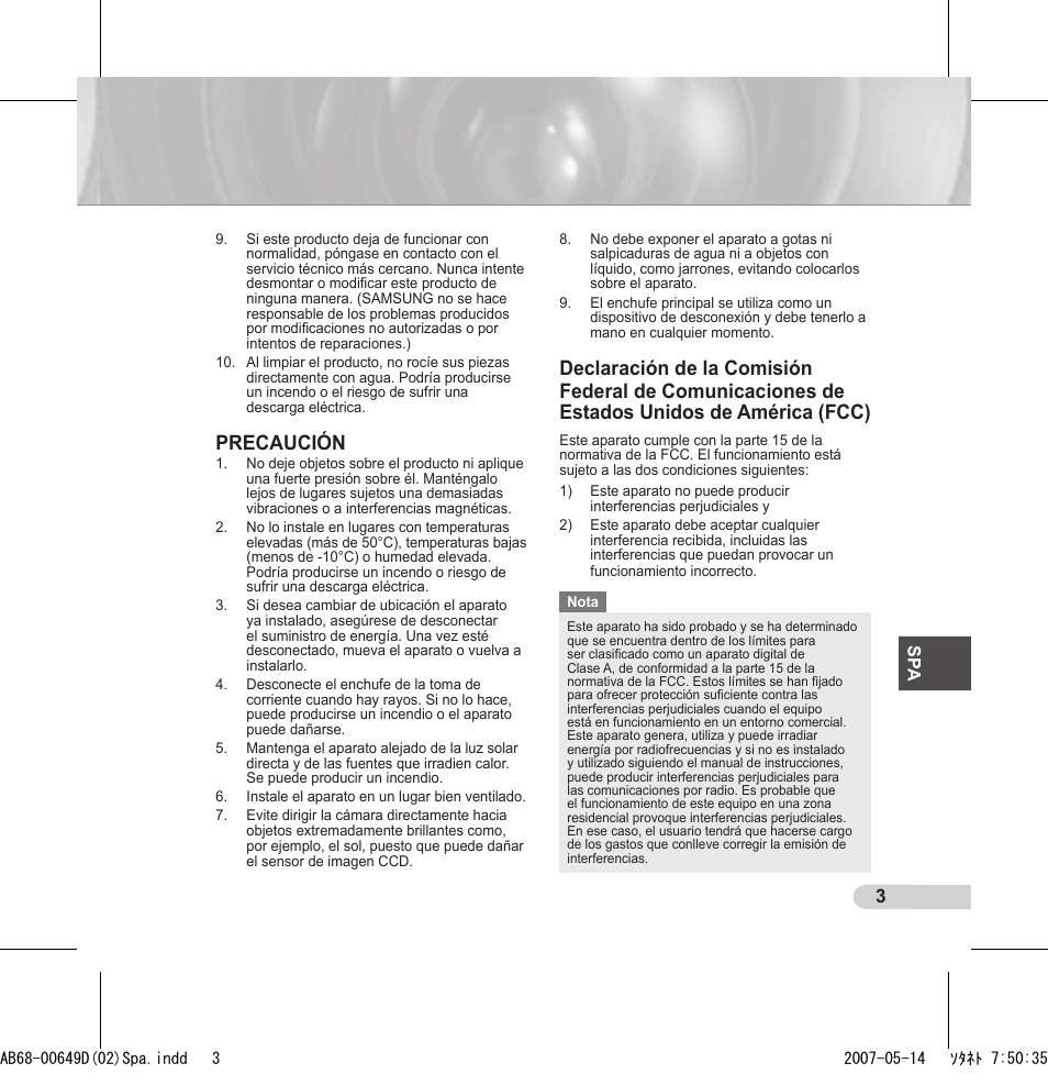 Precaución | Samsung SCC-B539X User Manual | Page 69 / 131