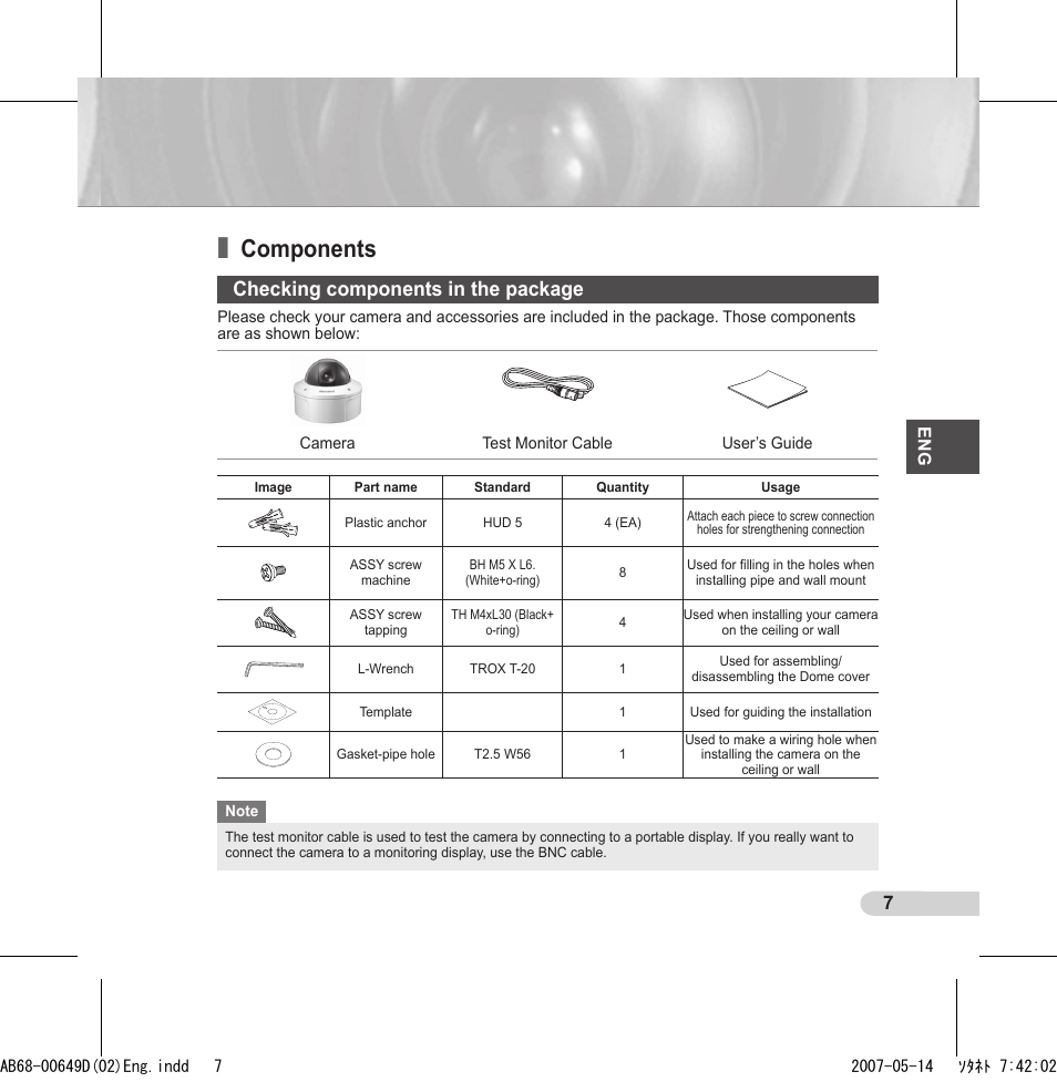 Components, Checking components in the package | Samsung SCC-B539X User Manual | Page 7 / 131