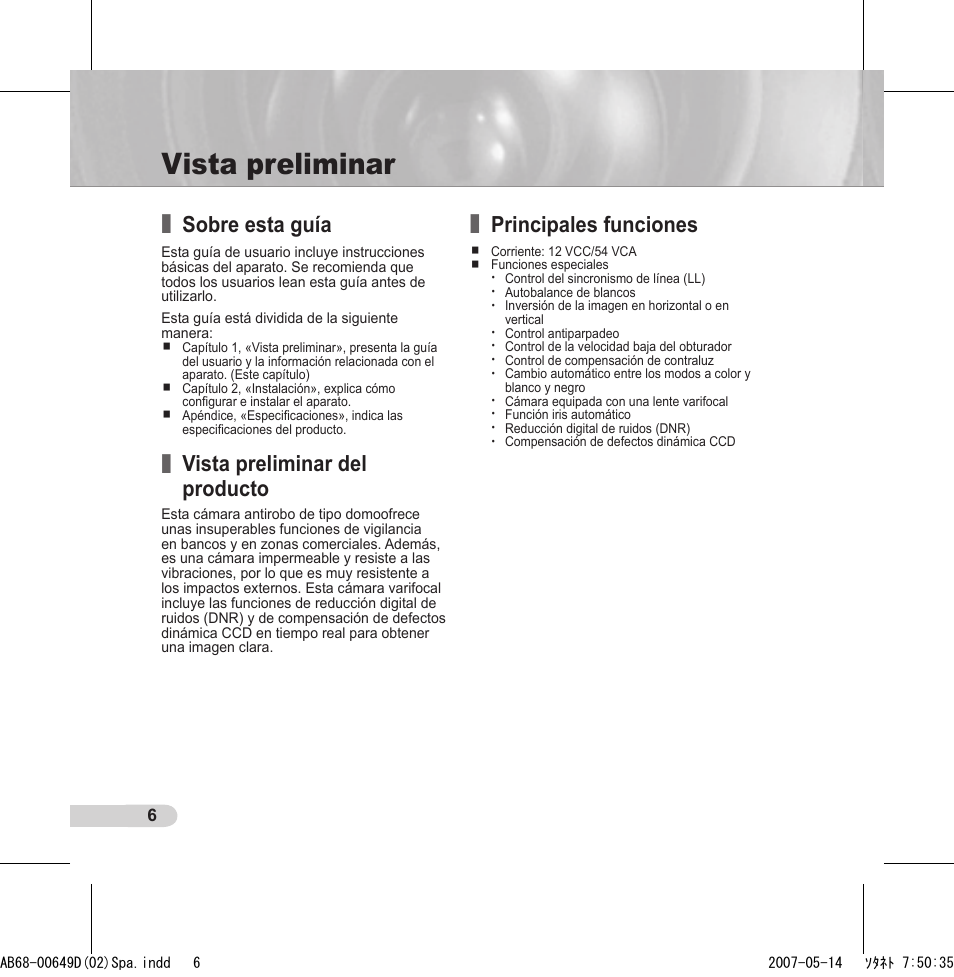 Vista preliminar, Sobre esta guía, Vista preliminar del producto | Principales funciones | Samsung SCC-B539X User Manual | Page 72 / 131