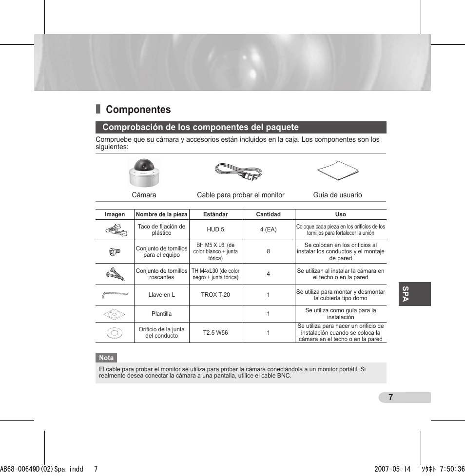 Componentes, Comprobación de los componentes del paquete | Samsung SCC-B539X User Manual | Page 73 / 131