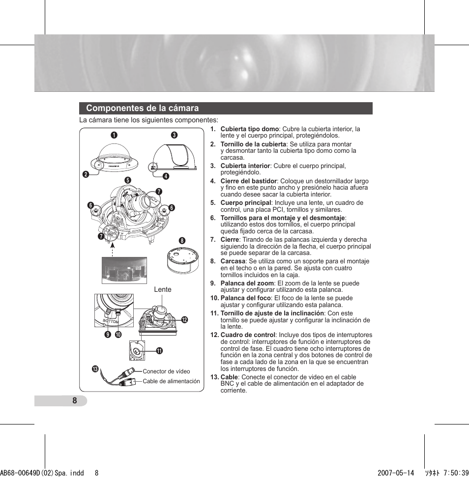 Componentes de la cámara | Samsung SCC-B539X User Manual | Page 74 / 131