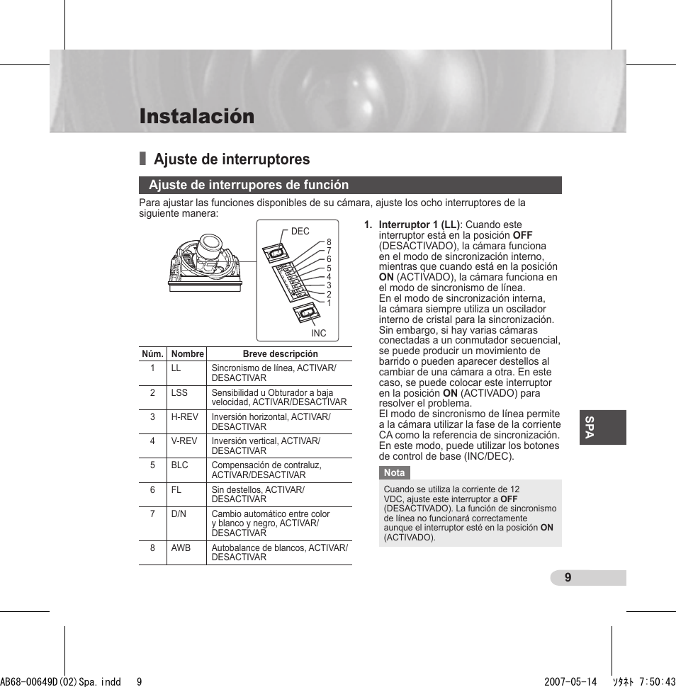 Instalación, Ajuste de interruptores, Ajuste de interrupores de función | Samsung SCC-B539X User Manual | Page 75 / 131
