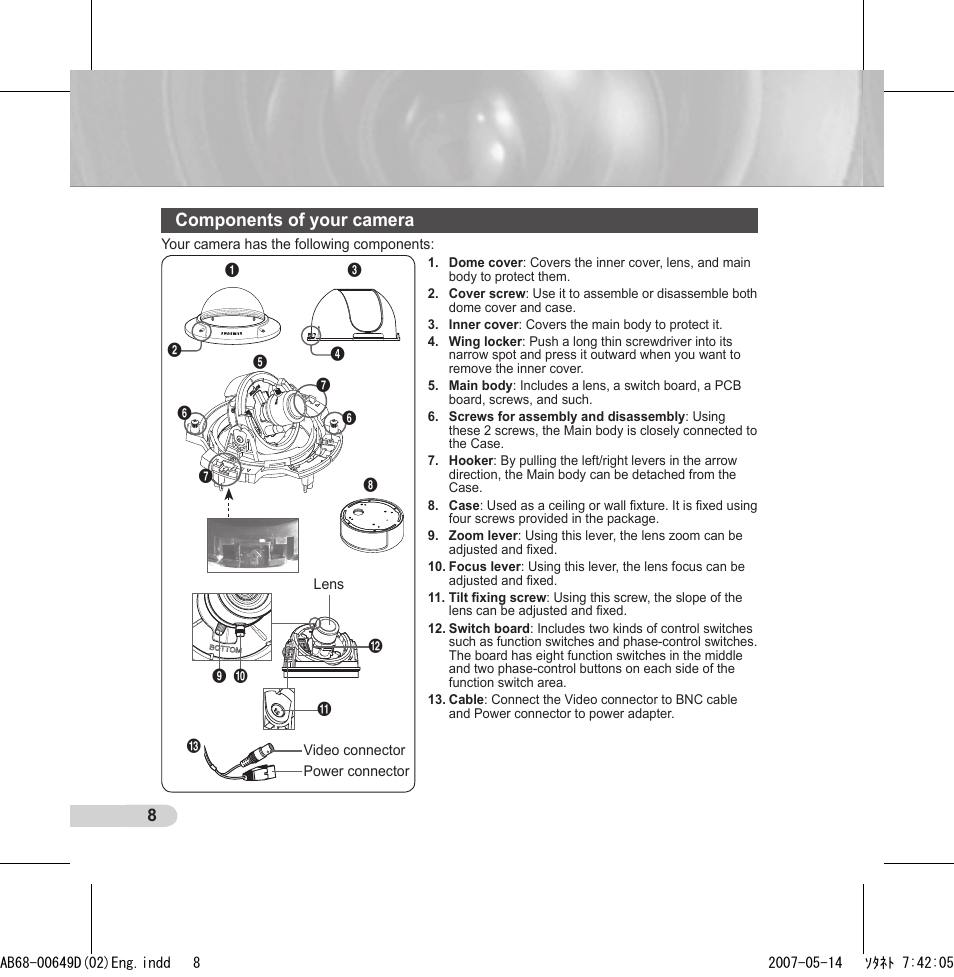 Components of your camera | Samsung SCC-B539X User Manual | Page 8 / 131
