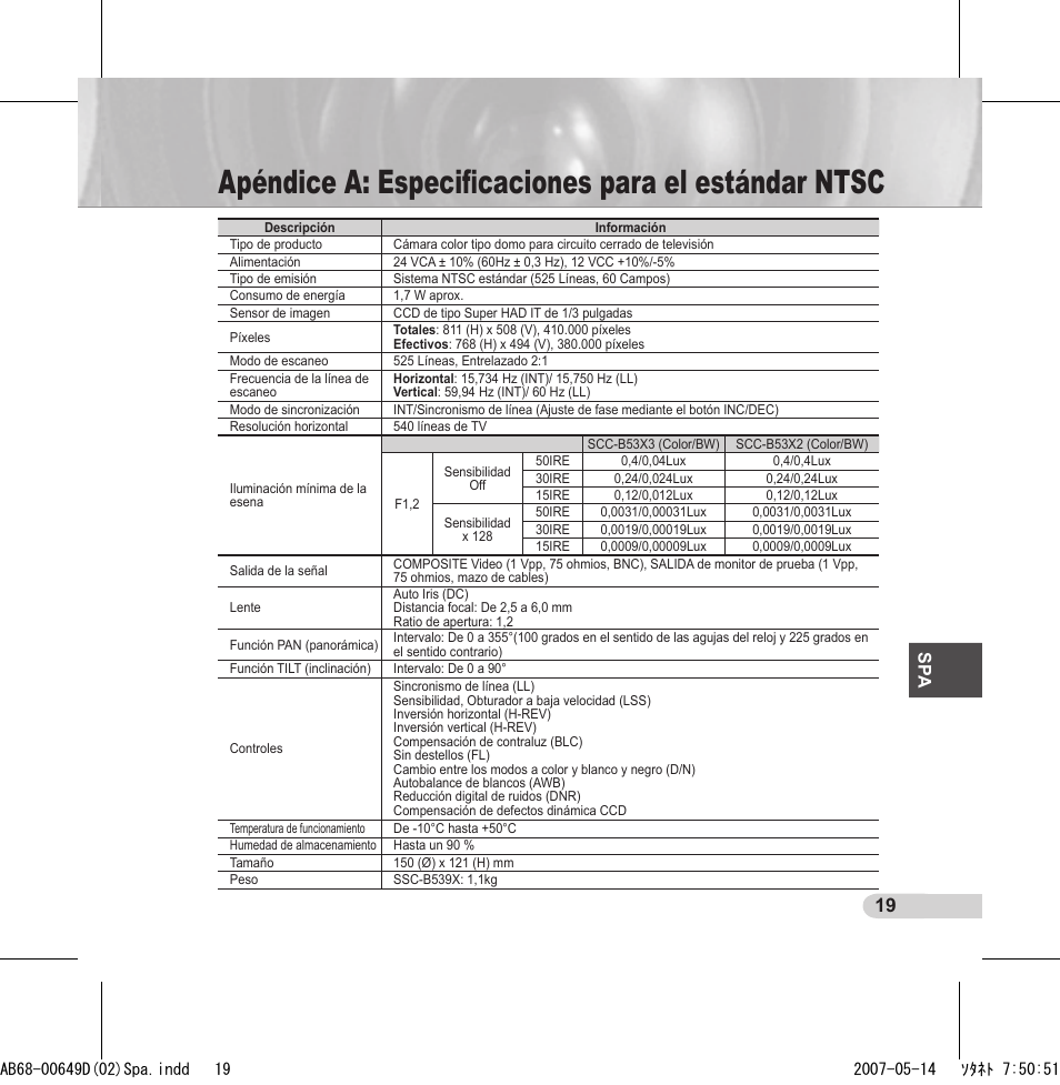 Apéndice a: especiﬁcaciones para el estándar ntsc, Sp a | Samsung SCC-B539X User Manual | Page 85 / 131