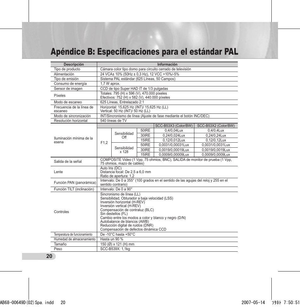 Apéndice b: especiﬁcaciones para el estándar pal | Samsung SCC-B539X User Manual | Page 86 / 131
