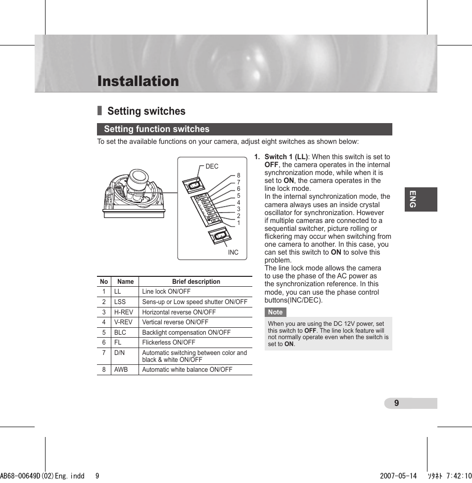 Installation, Setting switches, Setting function switches | Samsung SCC-B539X User Manual | Page 9 / 131