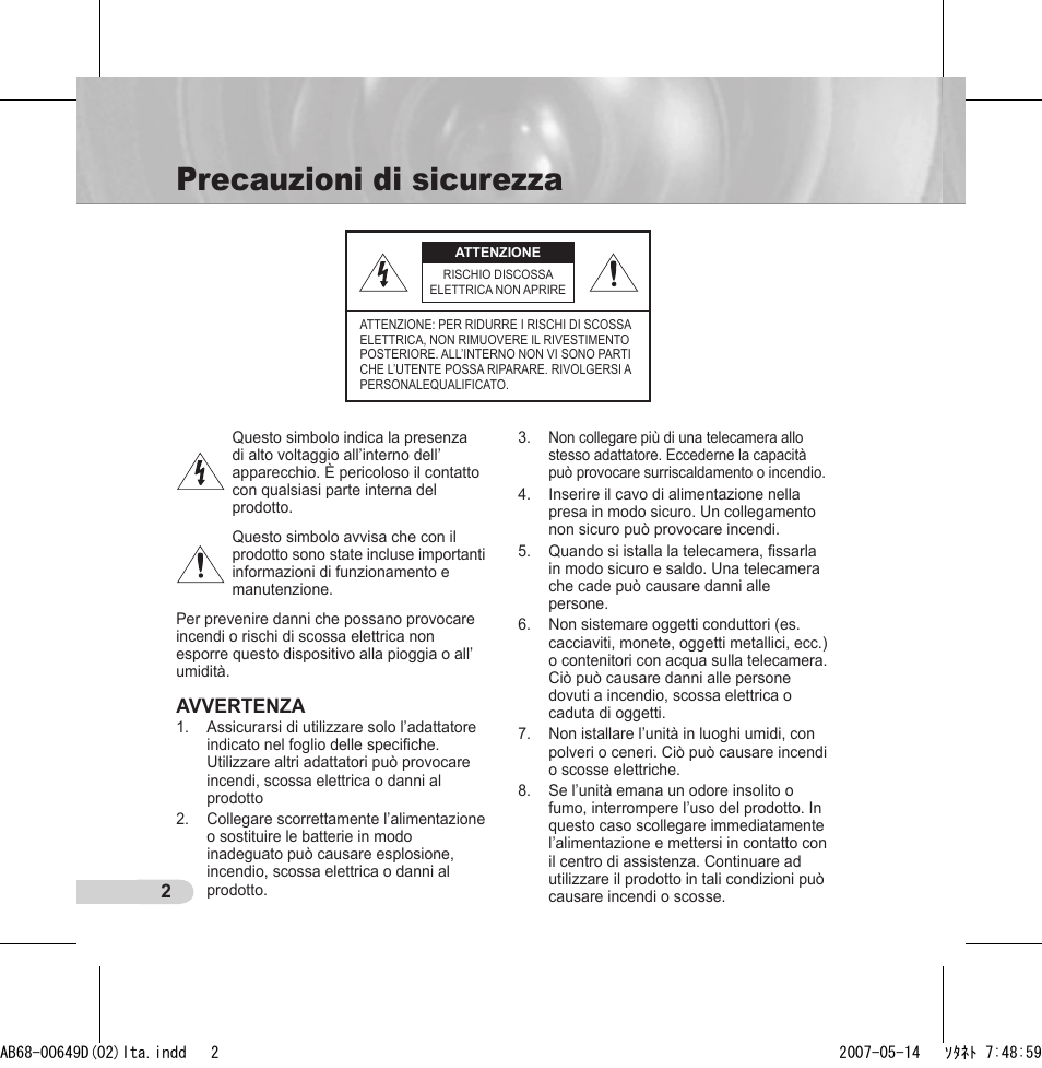 Precauzioni di sicurezza, Avvertenza | Samsung SCC-B539X User Manual | Page 90 / 131