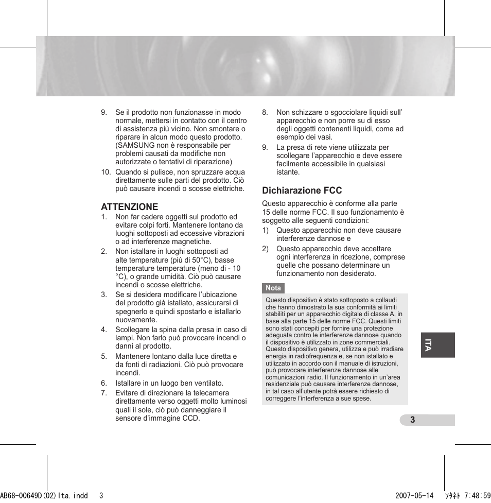 Attenzione, Dichiarazione fcc | Samsung SCC-B539X User Manual | Page 91 / 131