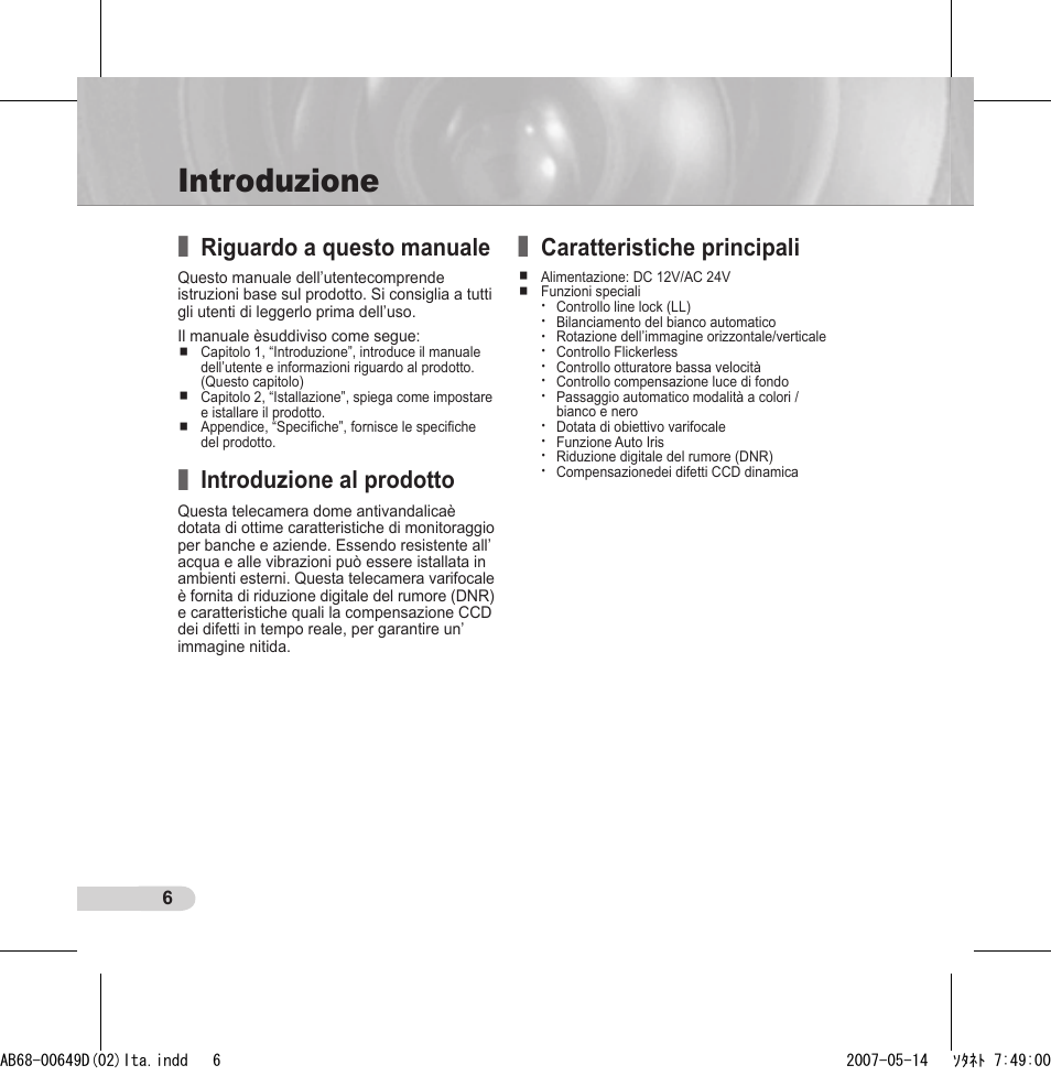 Introduzione, Riguardo a questo manuale, Introduzione al prodotto | Caratteristiche principali | Samsung SCC-B539X User Manual | Page 94 / 131