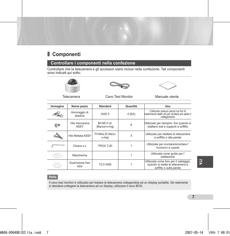 Componenti, Controllare i componenti nella confezione | Samsung SCC-B539X User Manual | Page 95 / 131