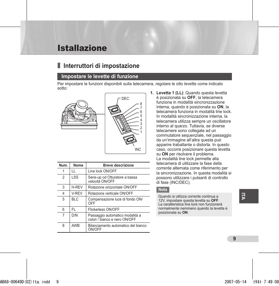 Istallazione, Interruttori di impostazione, Impostare le levette di funzione | Samsung SCC-B539X User Manual | Page 97 / 131
