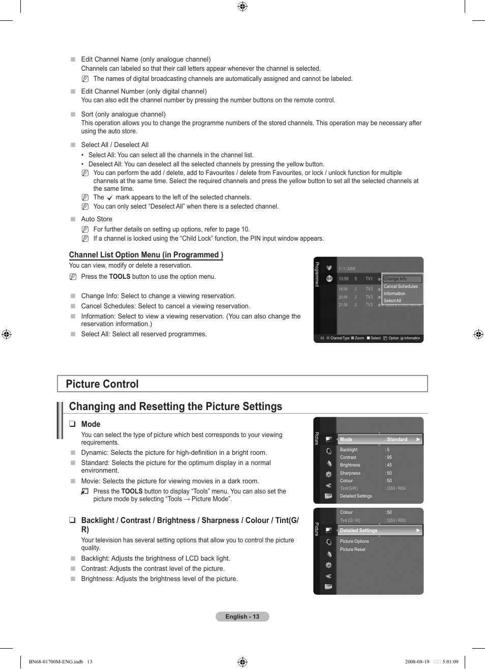 Picture control, Changing and resetting the picture settings, Channel list option menu (in programmed ) | Mode | Samsung BN68-01700M-00 User Manual | Page 15 / 60