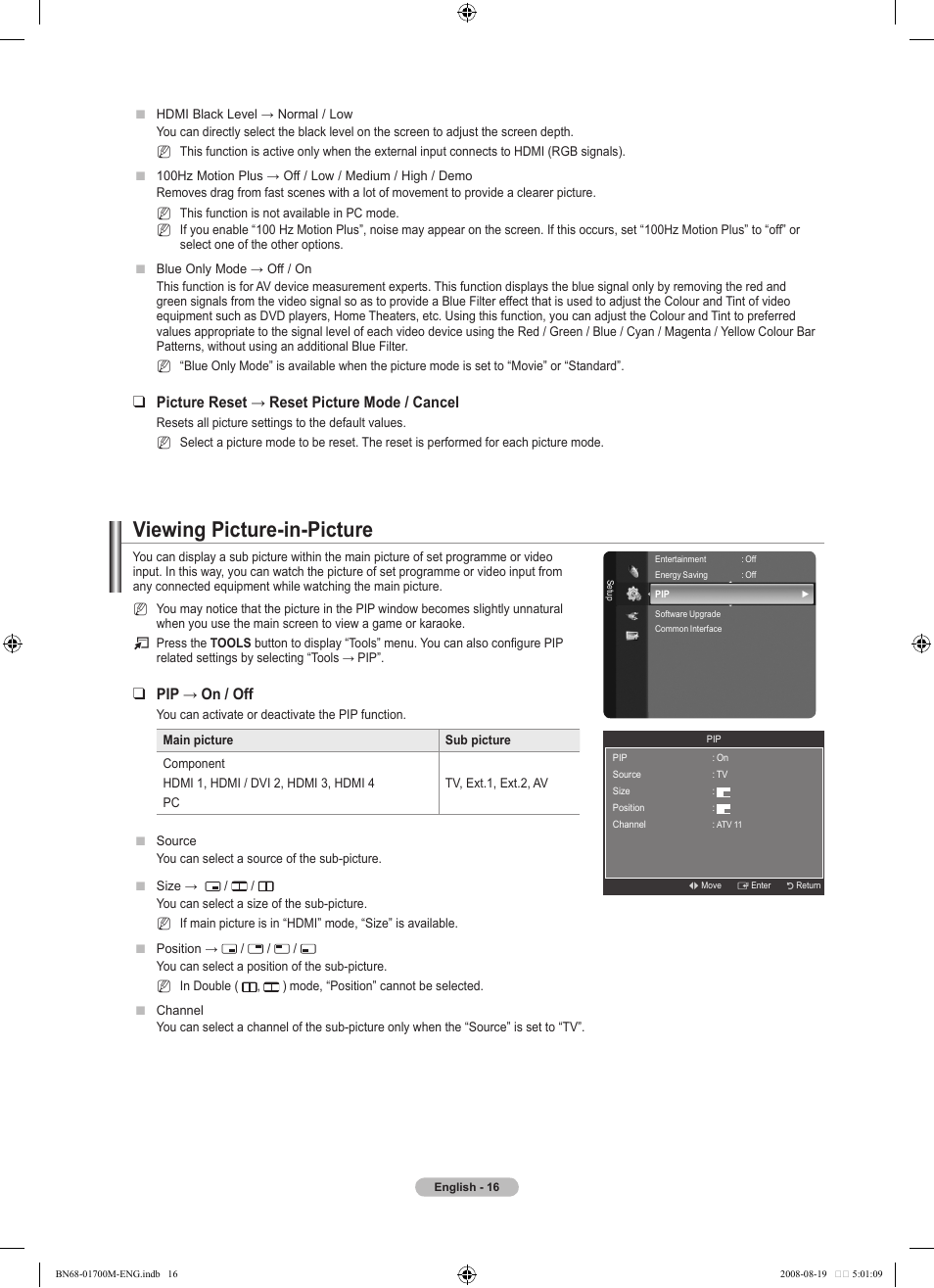 Viewing picture-in-picture, Picture reset → reset picture mode / cancel, Pip → on / off | Samsung BN68-01700M-00 User Manual | Page 18 / 60