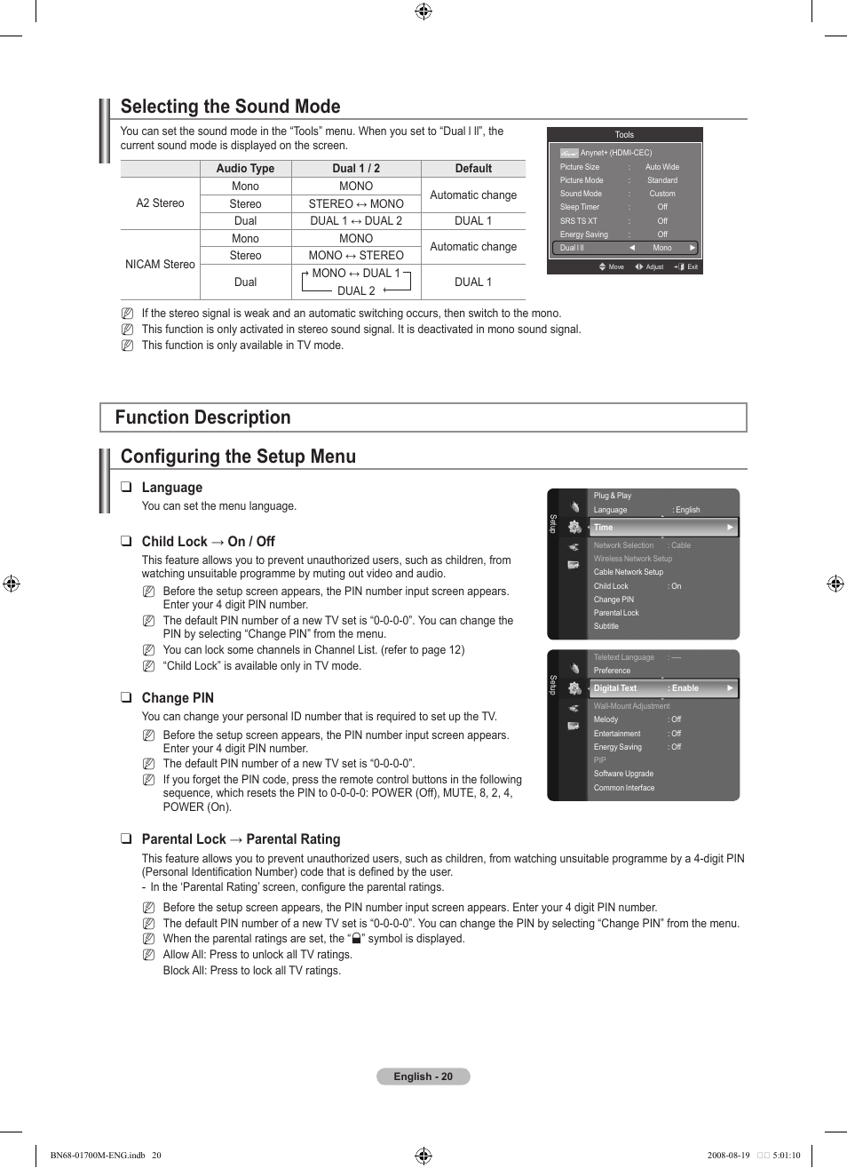 Selecting the sound mode, Function description, Configuring the setup menu | Language, Child lock → on / off, Change pin, Parental lock → parental rating | Samsung BN68-01700M-00 User Manual | Page 22 / 60