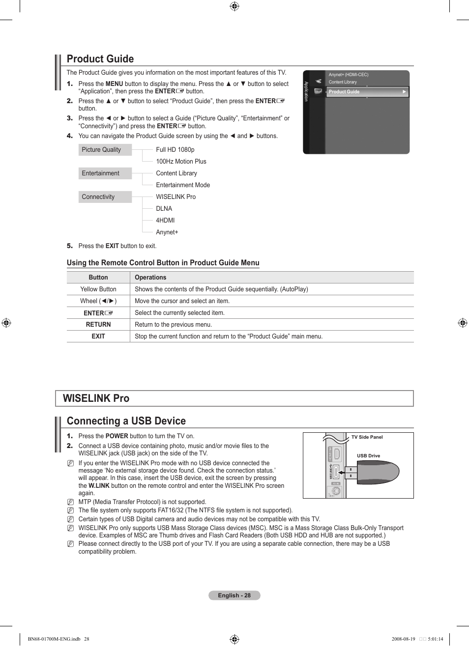 Product guide, Wiselink pro, Connecting a usb device | Wiselink pro connecting a usb device | Samsung BN68-01700M-00 User Manual | Page 30 / 60